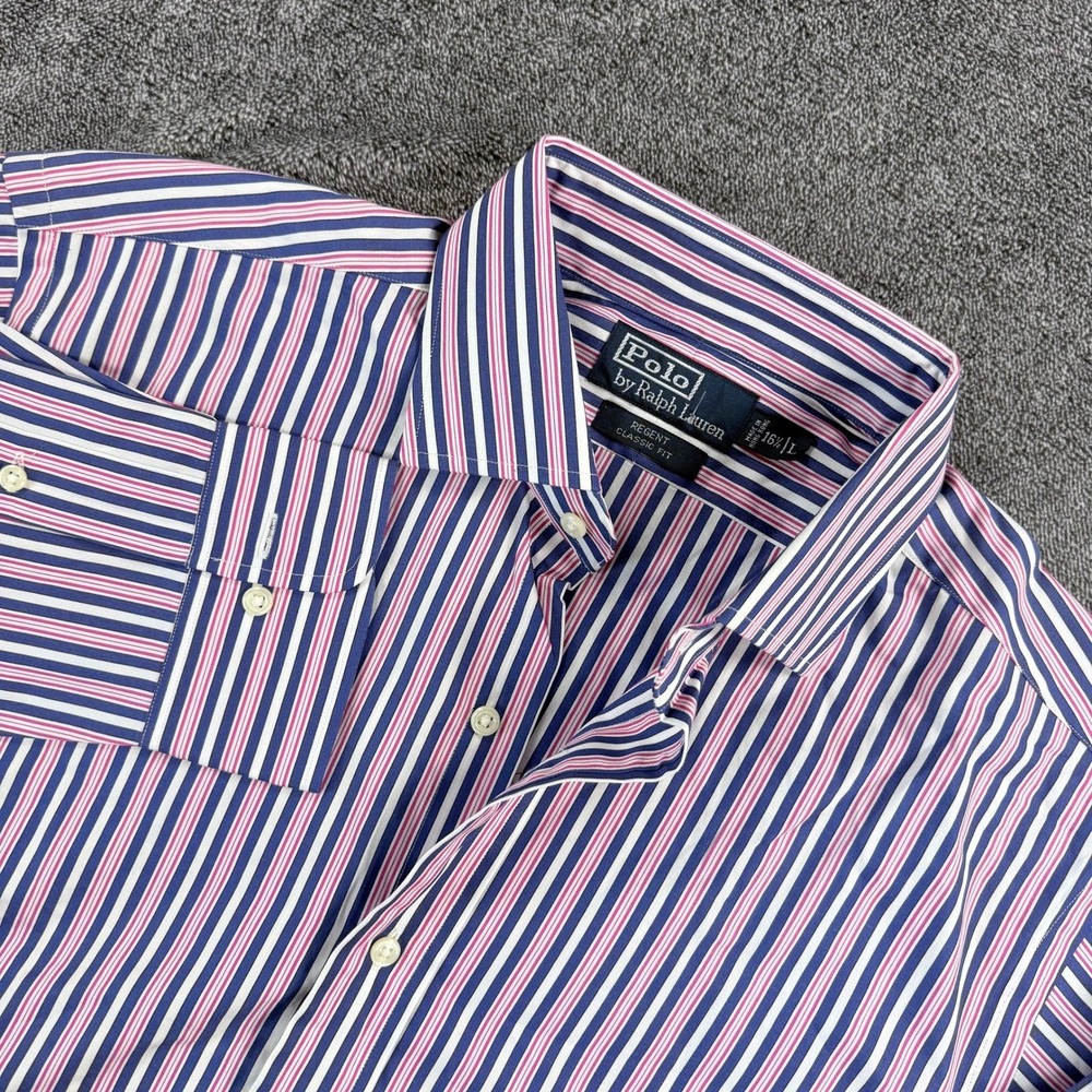 Polo Ralph Lauren Regent Classic Fit Shirt Mens 16.5 L Blue Pink Stripe Cotton